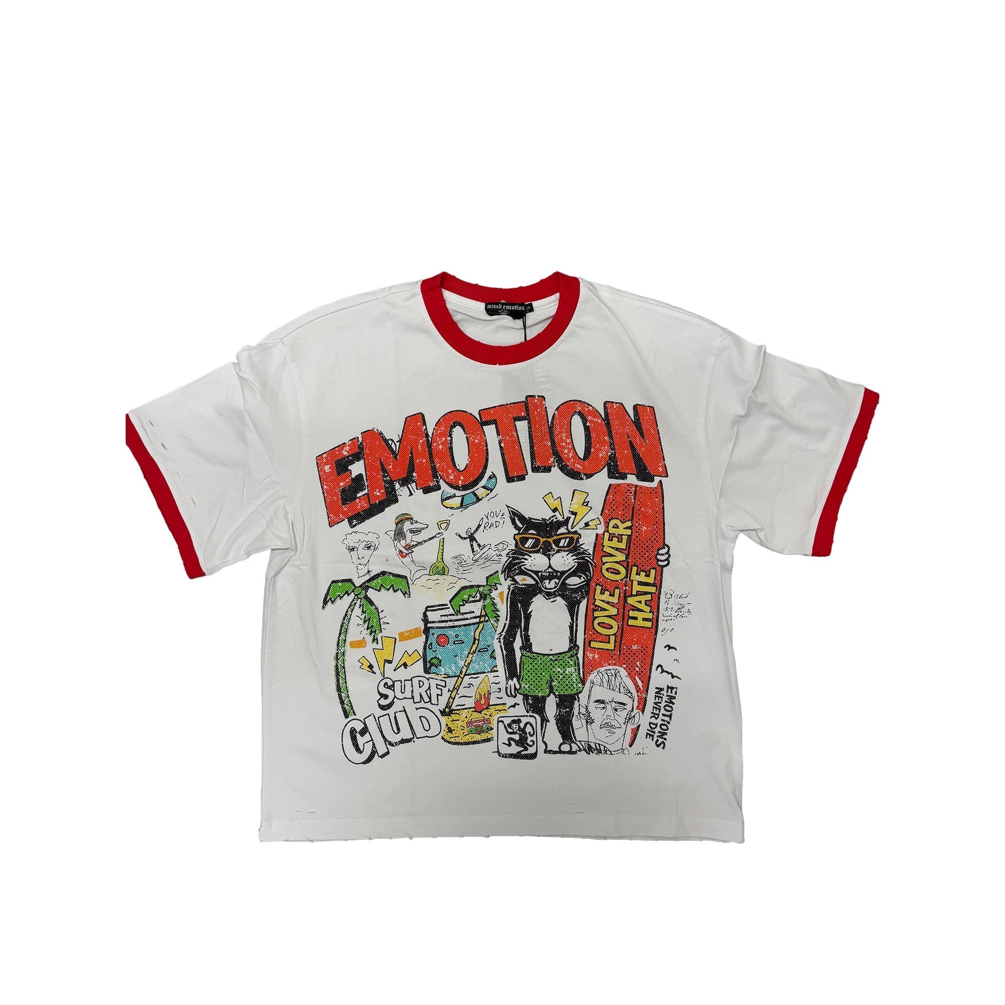 MIXED EMOTION Summer Surf Cat Red‑Trim Ringer White Cropped T‑Shirt