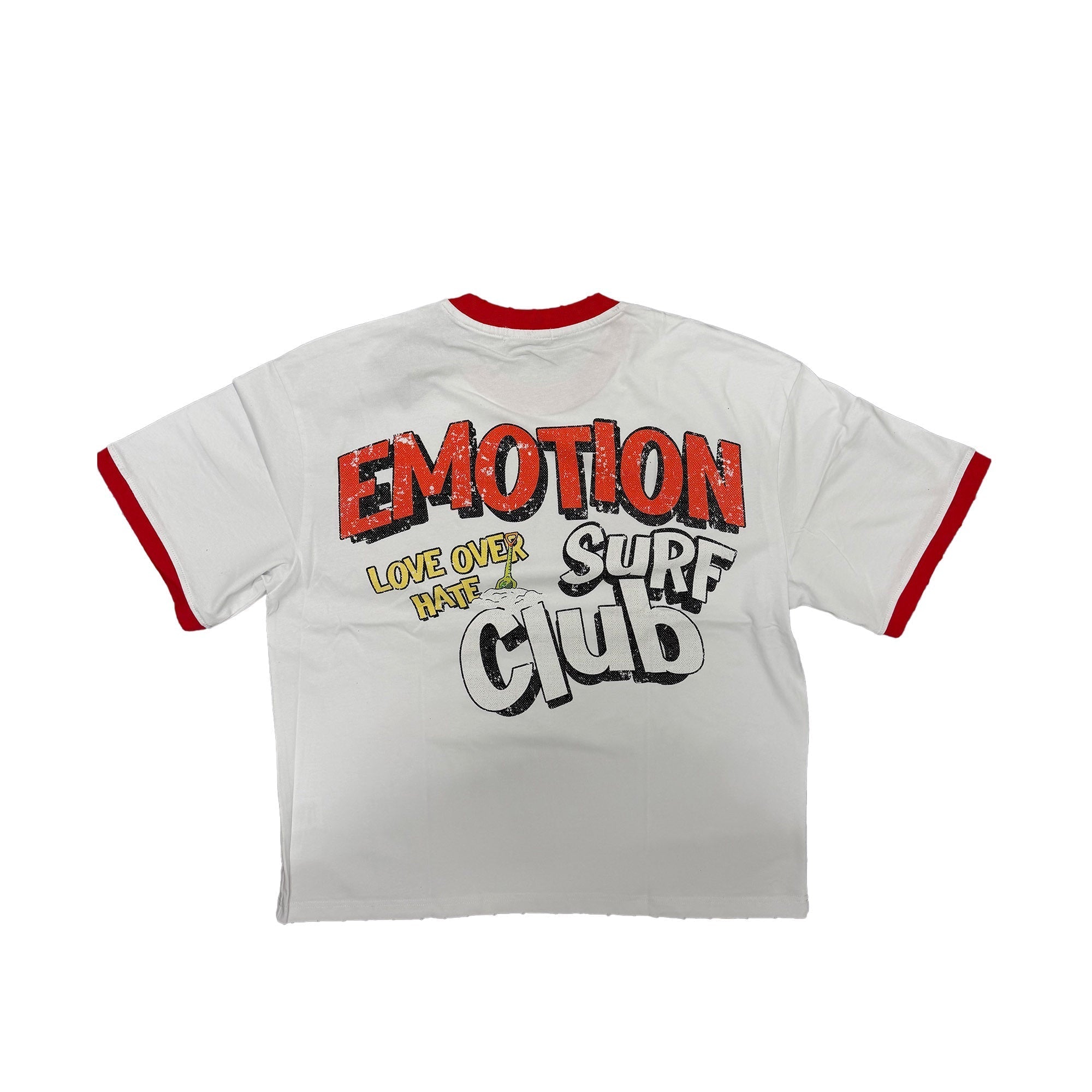 MIXED EMOTION Summer Surf Cat Red‑Trim Ringer White Cropped T‑Shirt