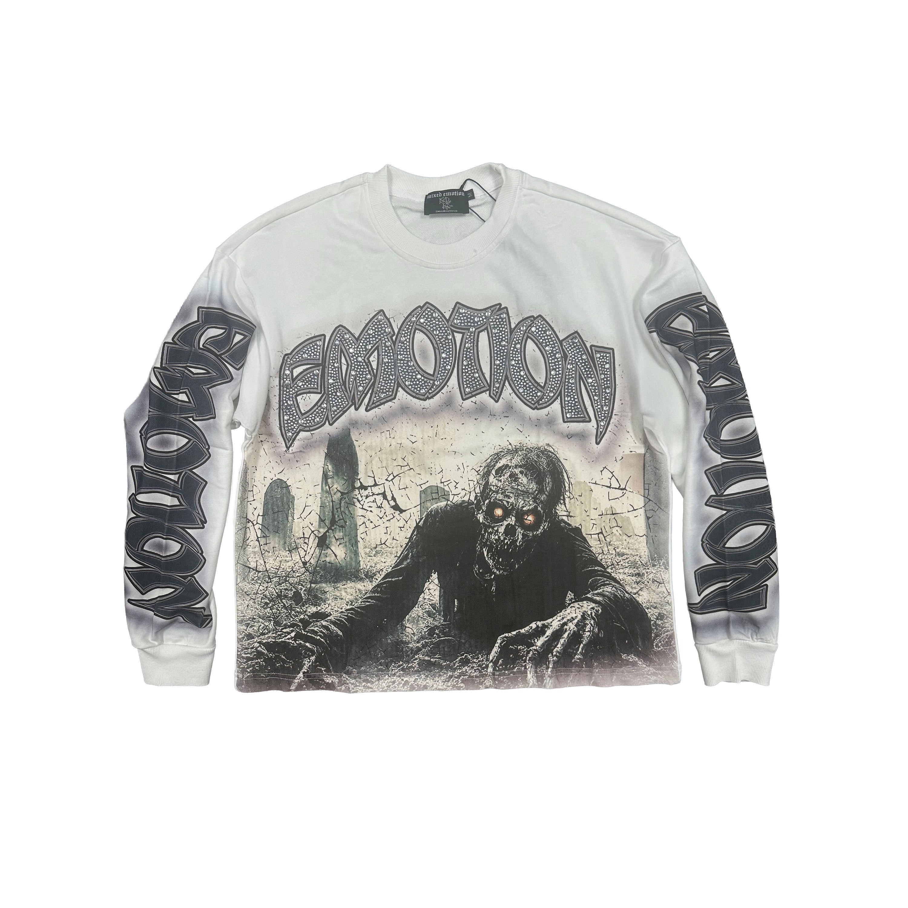 MIXED EMOTION Graveyard Zombie Vintage White Long‑Sleeve Shirt