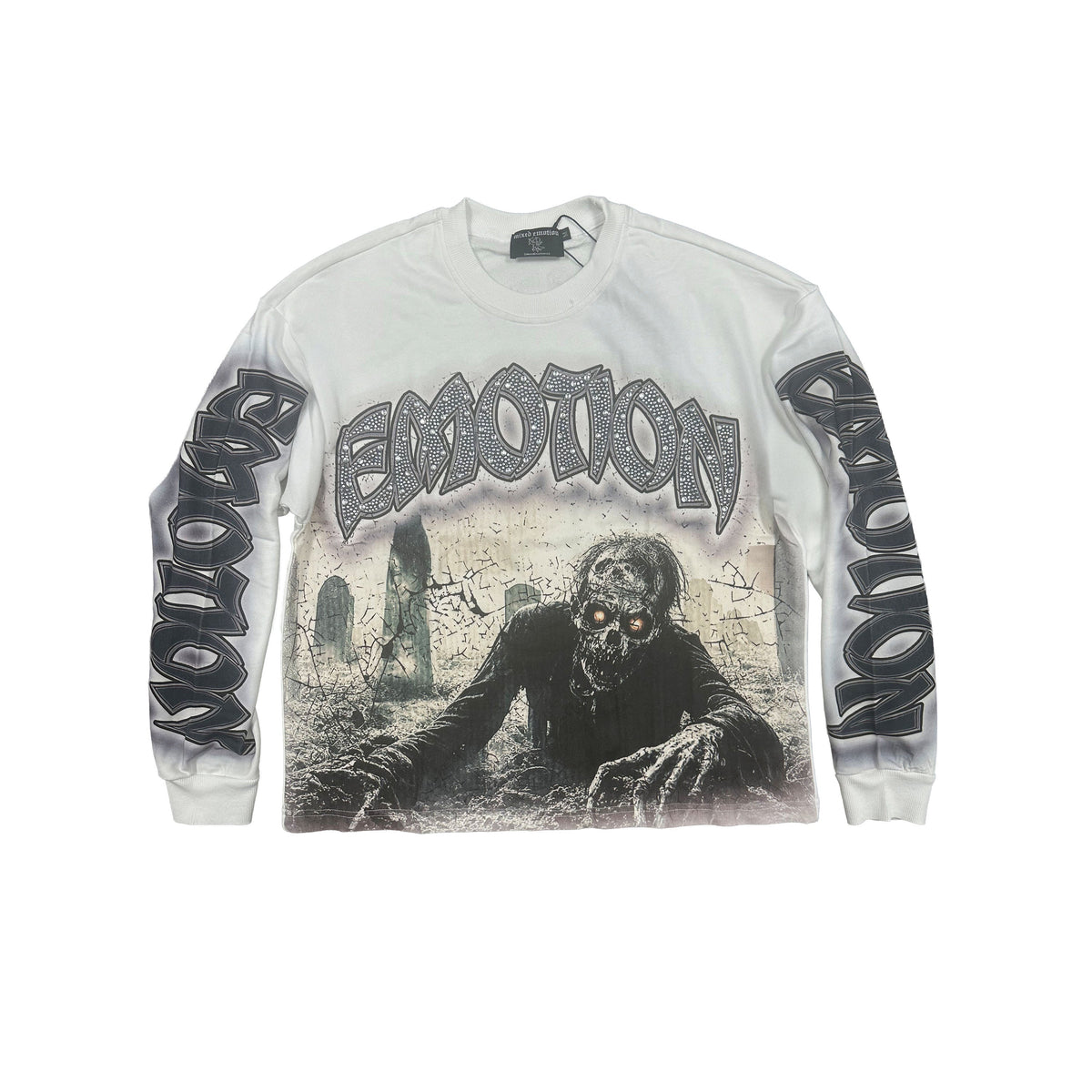 MIXED EMOTION Graveyard Zombie Vintage White Long‑Sleeve Shirt