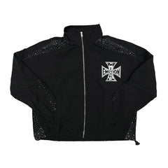 MIXED EMOTION Cross Graphic Rhinestone Panel Zip‑Up Windbreaker Jacket