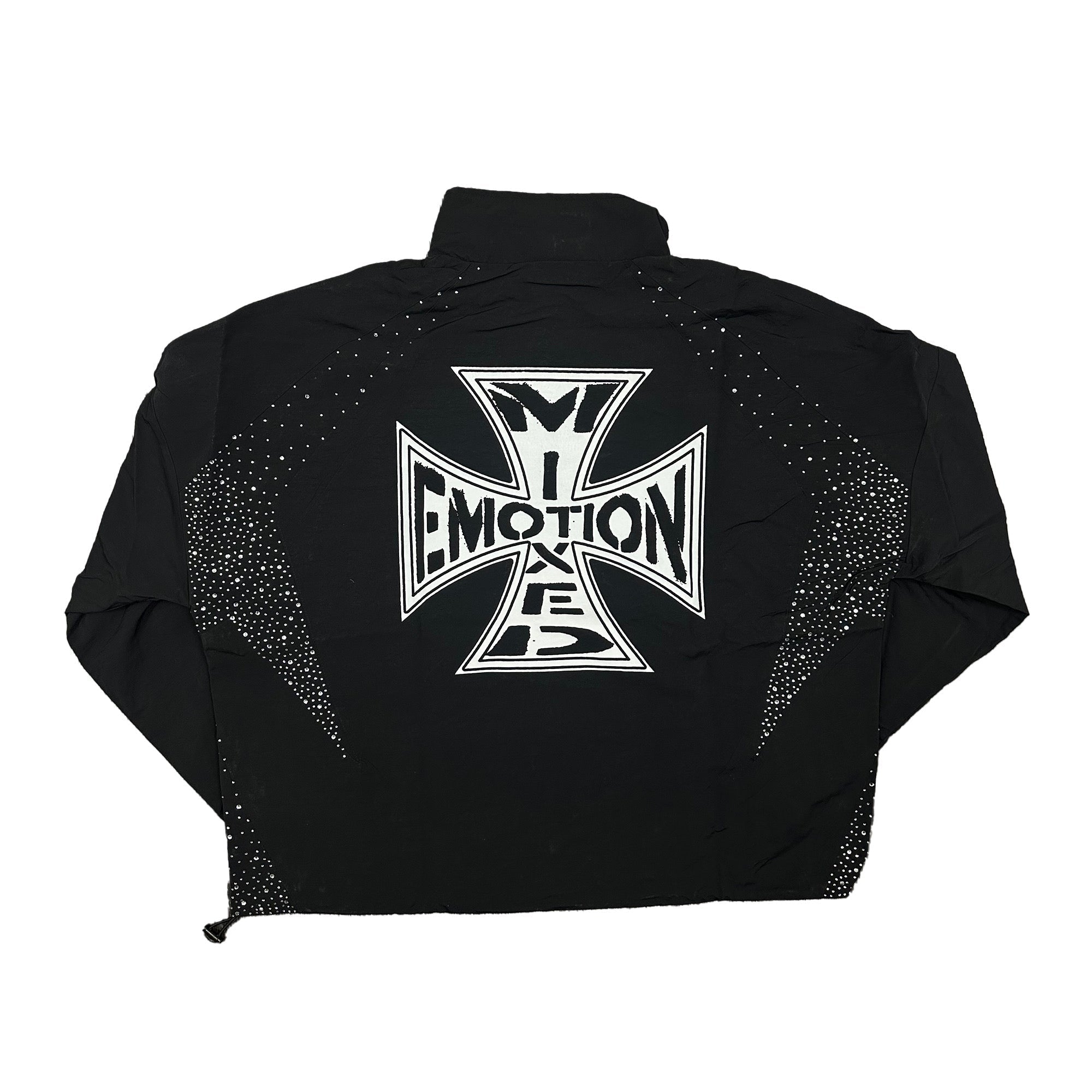 MIXED EMOTION Cross Graphic Rhinestone Panel Zip‑Up Windbreaker Jacket