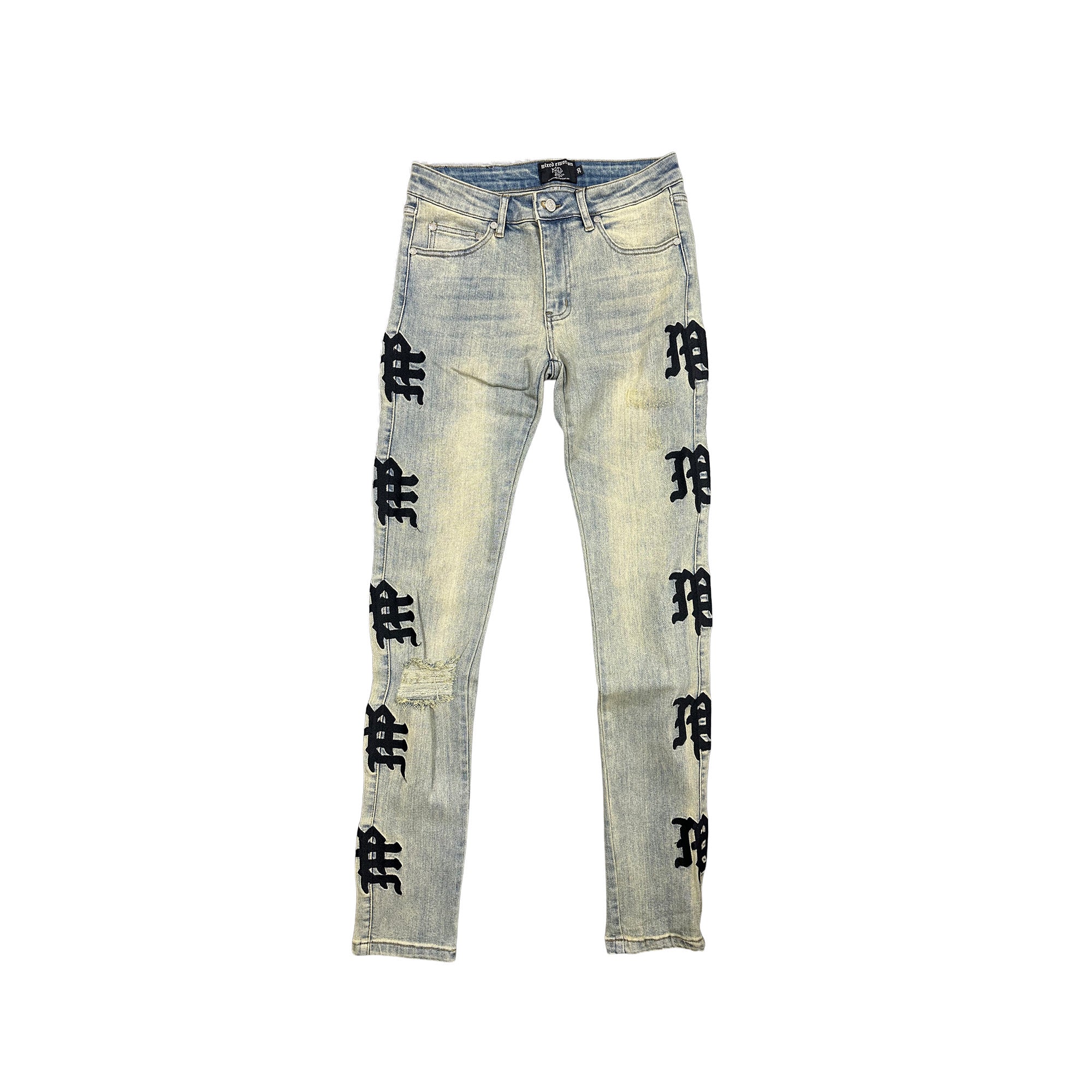 MIXED EMOTION Vertical Letter Print Slim‑Fit Jeans