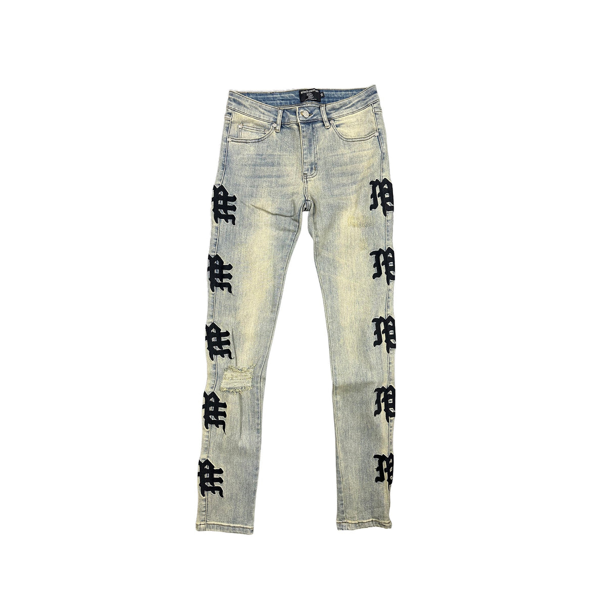 MIXED EMOTION Vertical Letter Print Slim‑Fit Jeans