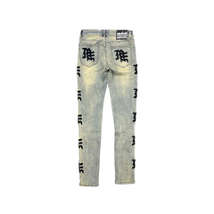 MIXED EMOTION Vertical Letter Print Slim‑Fit Jeans