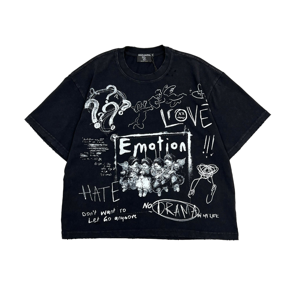 MIXED EMOTION Graffiti Sketch Art Black Cropped T‑Shirt