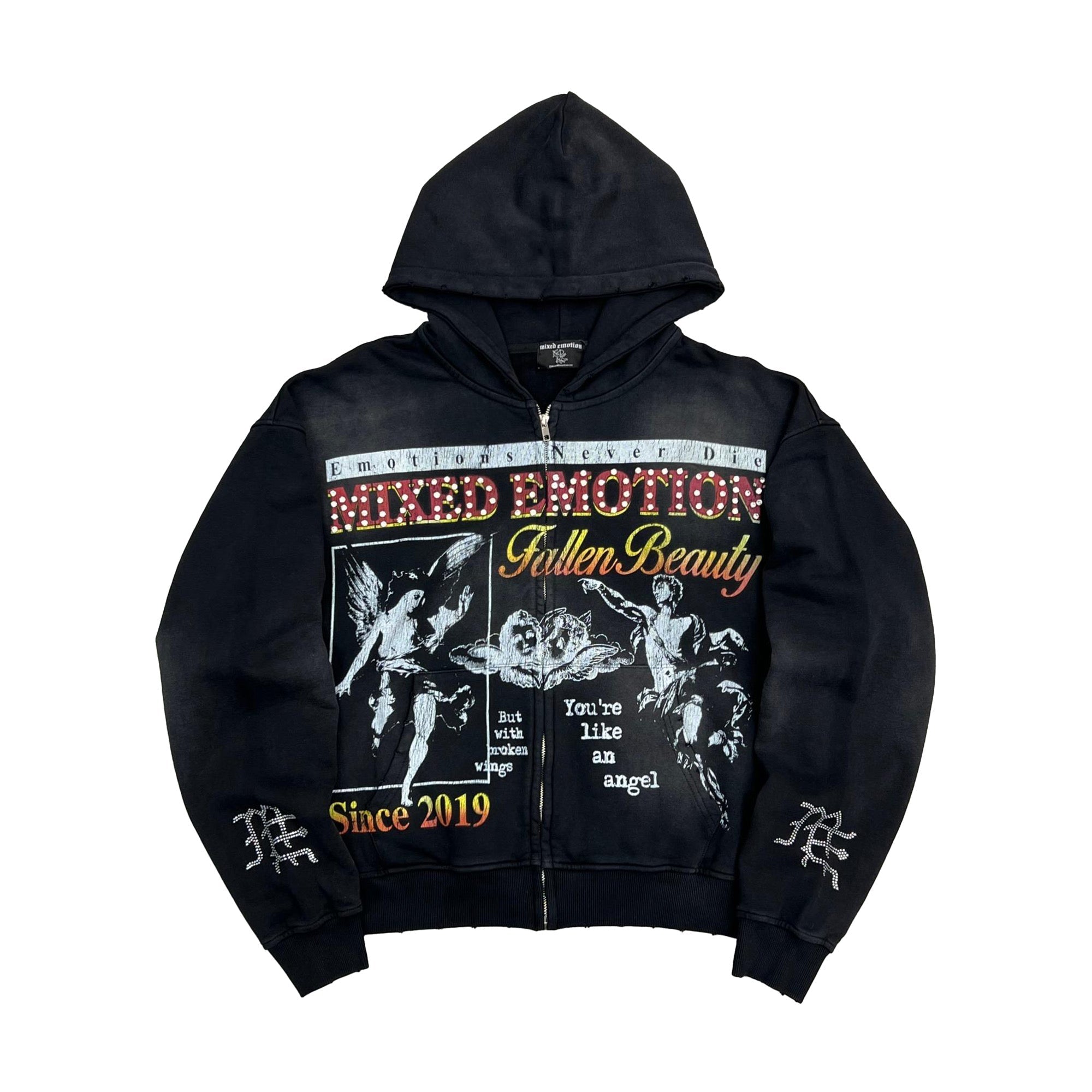 MIXED EMOTION Vintage Angel Artwork Full‑Zip Hoodie