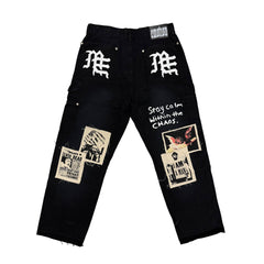 MIXED EMOTION Patchwork Wide‑Leg Black Jeans