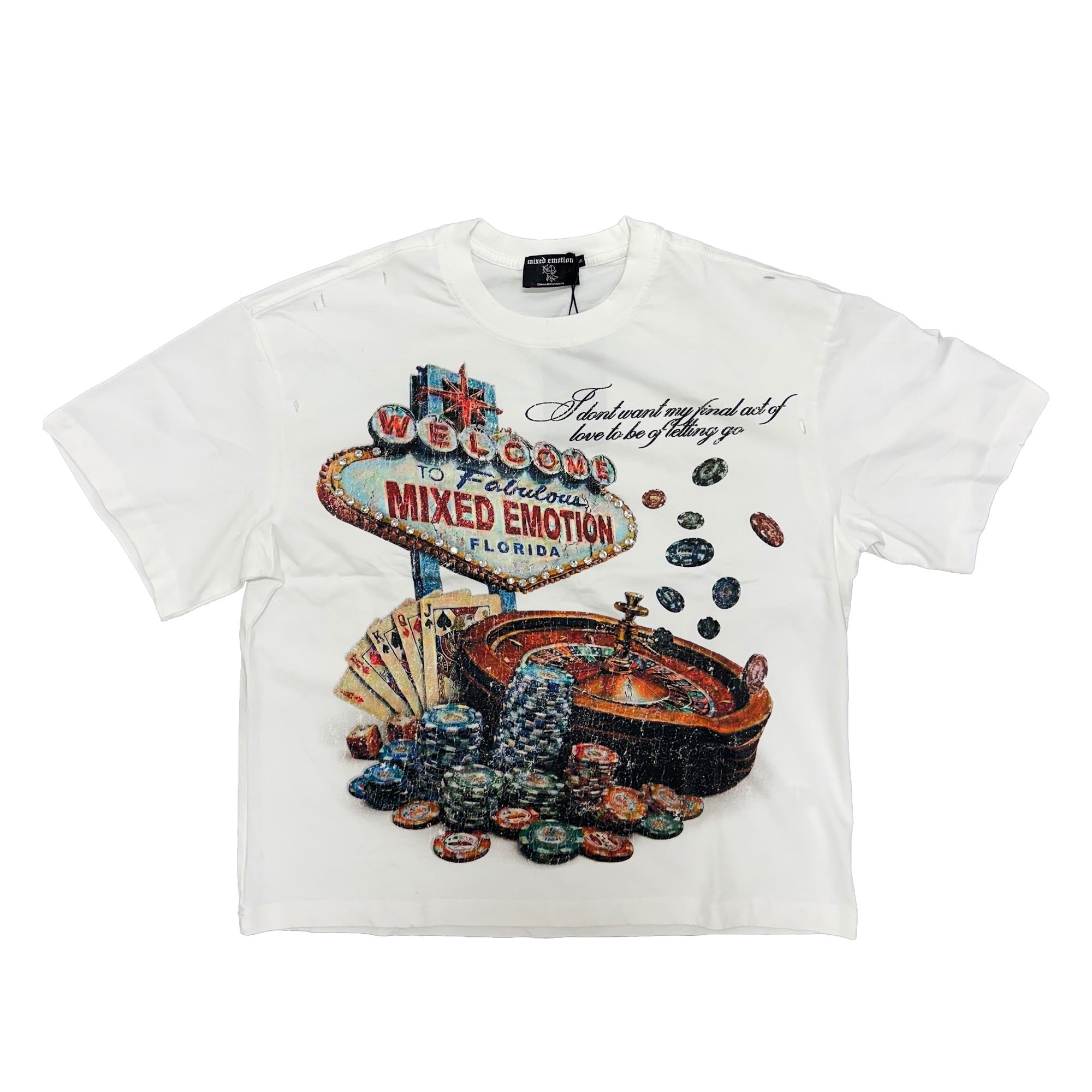 MIXED EMOTION Las Vegas Casino Poker Graphic White Cropped T‑Shirt