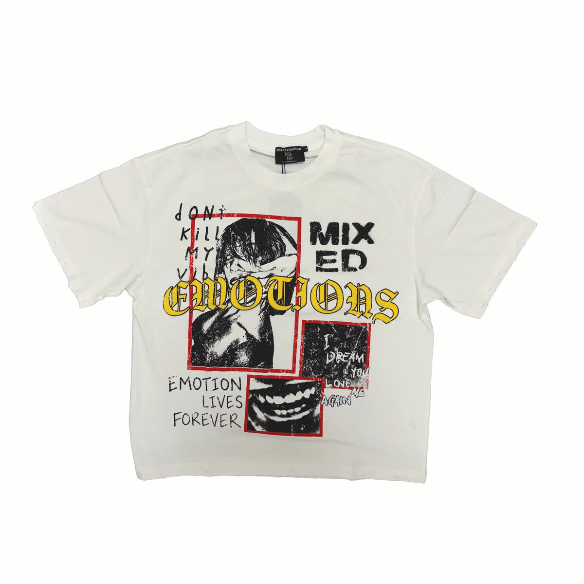 MIXED EMOTION Blindfold Portrait White Cropped T‑Shirt