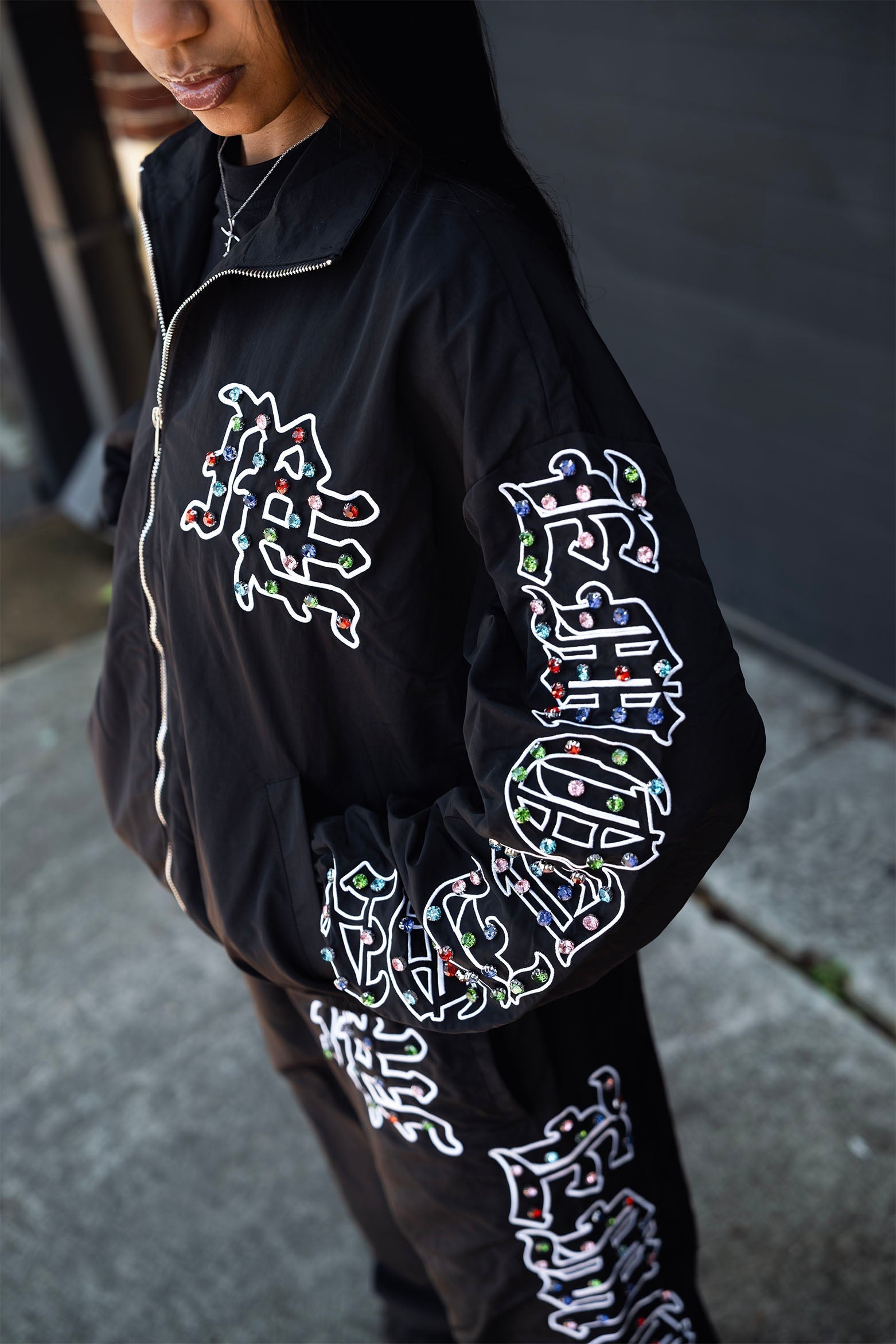 MIXED EMOTION Rhinestone Graphic Zip‑Up Windbreaker Jacket