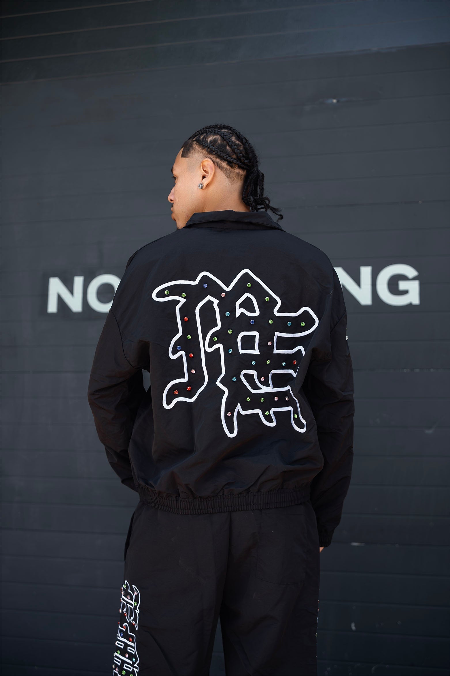 MIXED EMOTION Rhinestone Graphic Zip‑Up Windbreaker Jacket