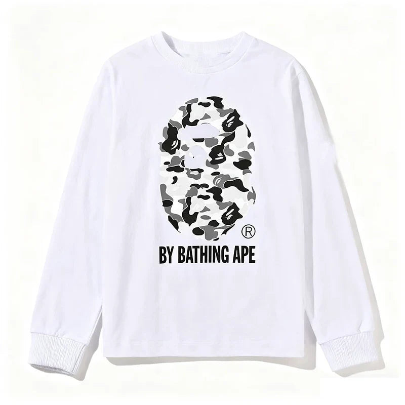 BAPE Style "BY BATHING APE" Camo Ape Head Long-Sleeve Tee - White/Monochrome Camo