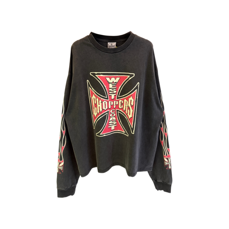 West Coast Choppers Iron Cross & Flames Long Sleeve Tee - Vintage Black/Red