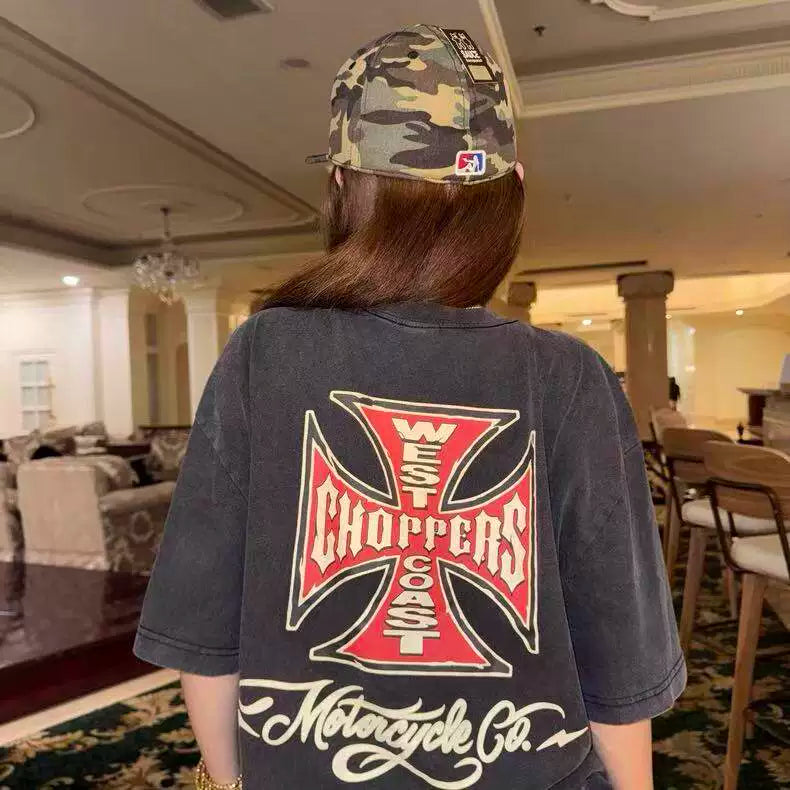 West Coast Choppers Red & White Cross Logo Tee - Vintage Black
