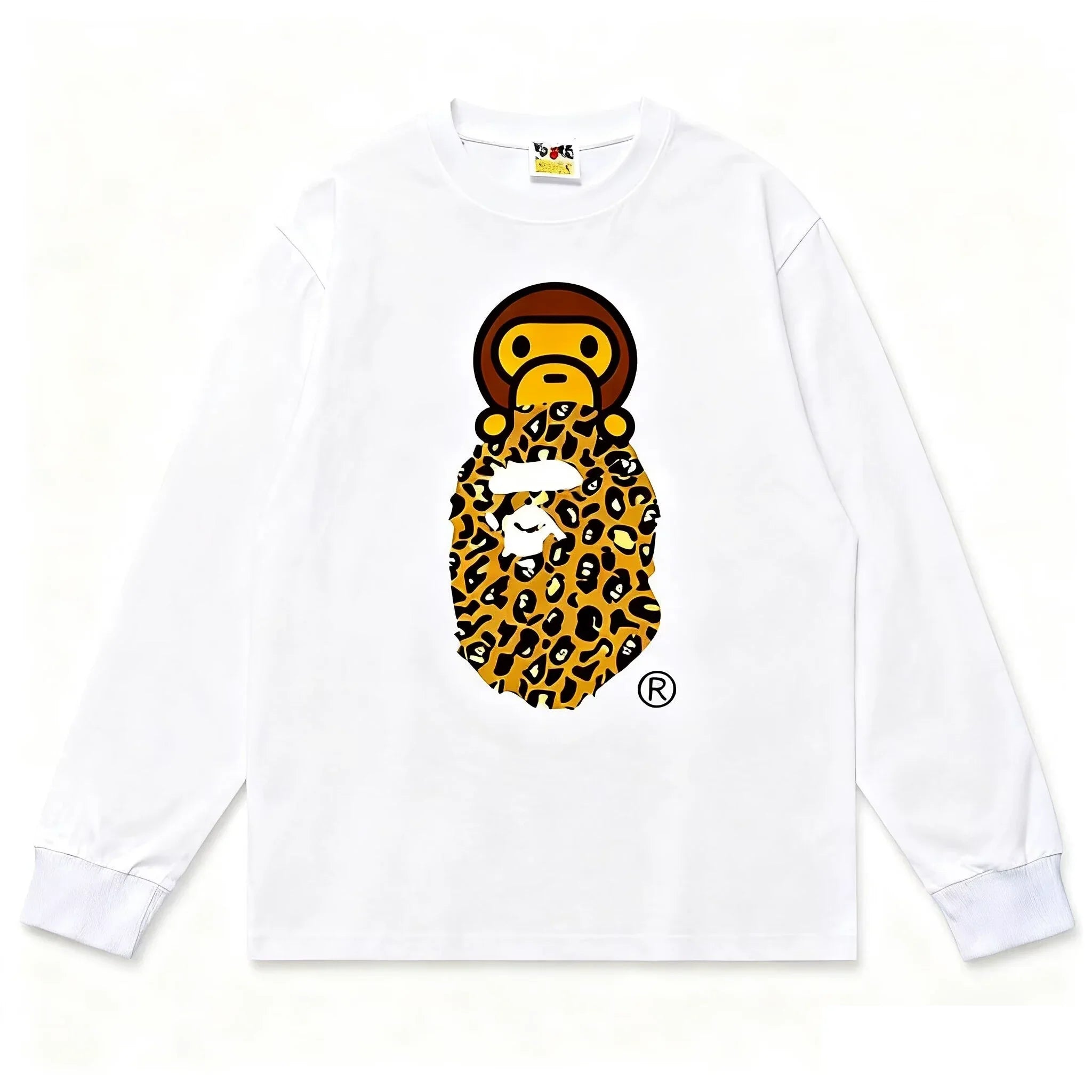 BAPE Style Baby Milo on Leopard Camo Ape Head Long-Sleeve Tee - White/Leopard