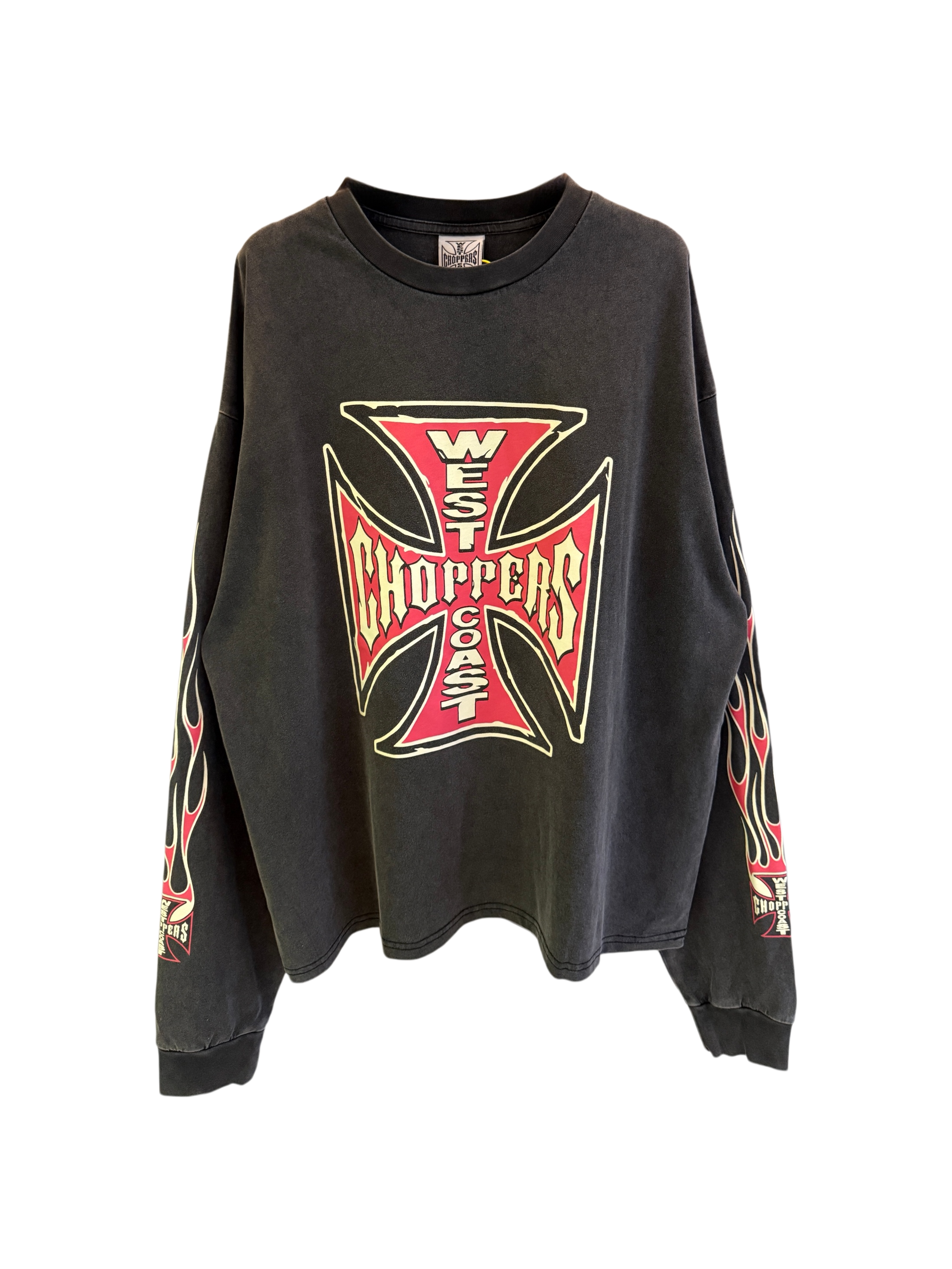 West Coast Choppers Iron Cross & Flames Long Sleeve Tee - Vintage Black/Red