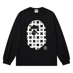 BAPE Style All-Over Cartoon Print Ape Head Long-Sleeve Tee - Black
