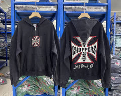West Coast Choppers Red & White Cross Zip-Up Hoodie - Vintage Black