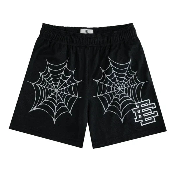 MIXED EMOTION Spider Web Print Elastic Waist Casual Sports Shorts Unisex Streetwear