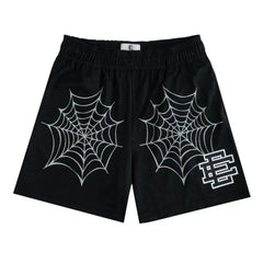 MIXED EMOTION Spider Web Print Elastic Waist Casual Sports Shorts Unisex Streetwear