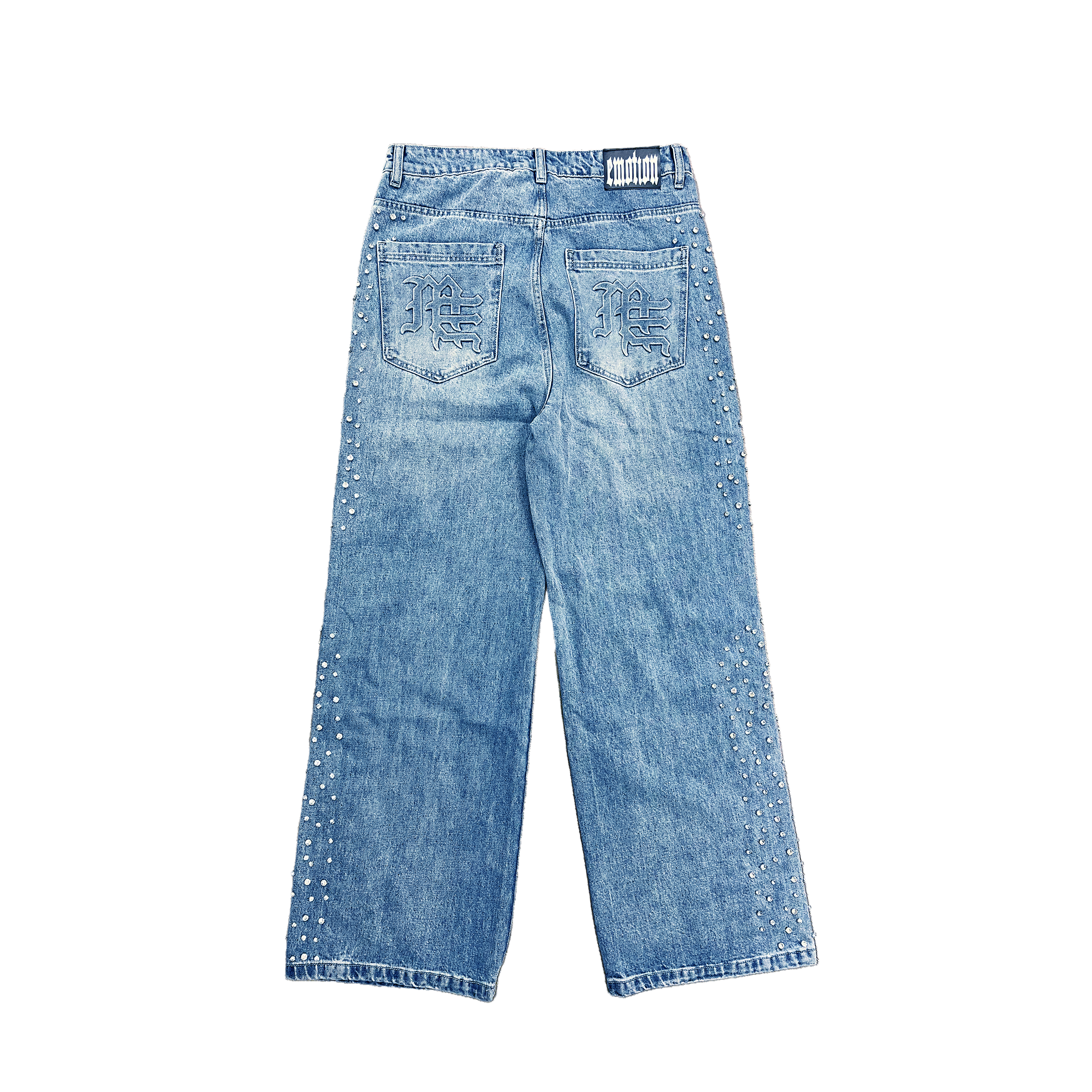 MIXED EMOTION Ripped Rhinestone Wide‑Leg Jeans