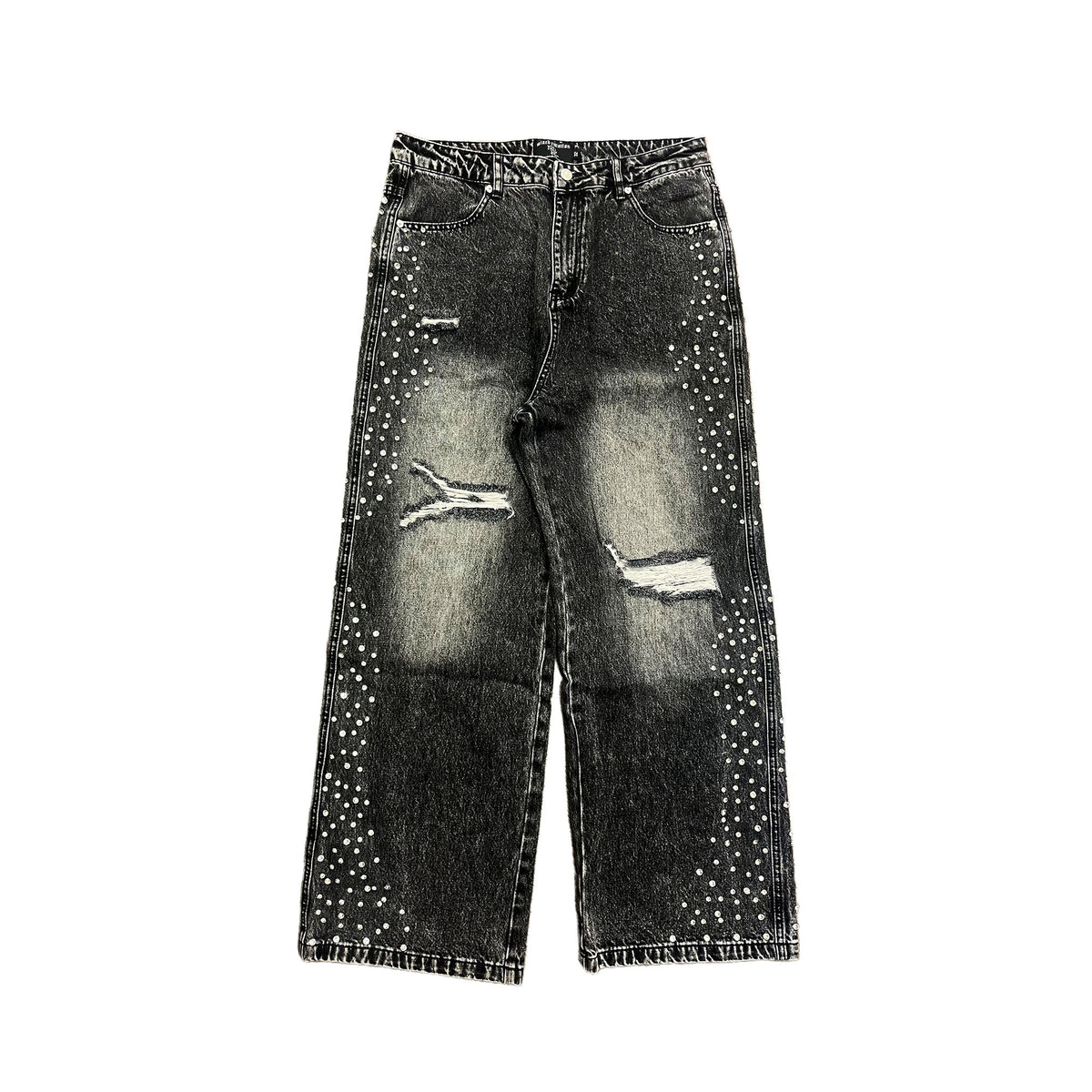 MIXED EMOTION Distressed Rhinestone Wide‑Leg Jeans
