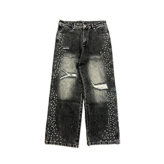 MIXED EMOTION Distressed Rhinestone Wide‑Leg Jeans