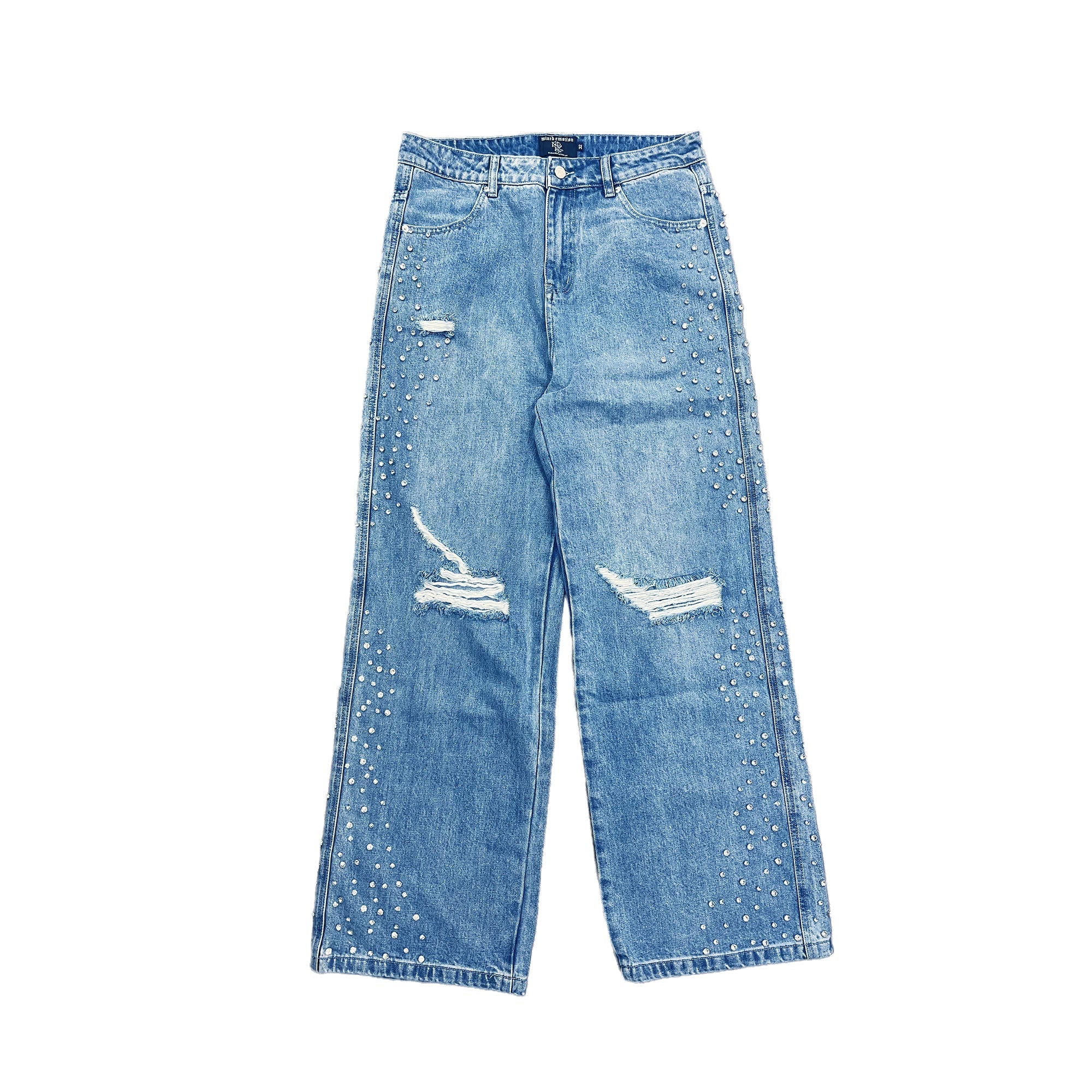 MIXED EMOTION Ripped Rhinestone Wide‑Leg Jeans