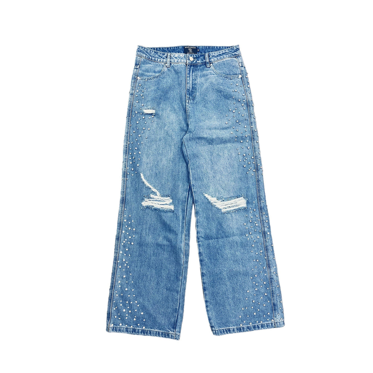 MIXED EMOTION Ripped Rhinestone Wide‑Leg Jeans
