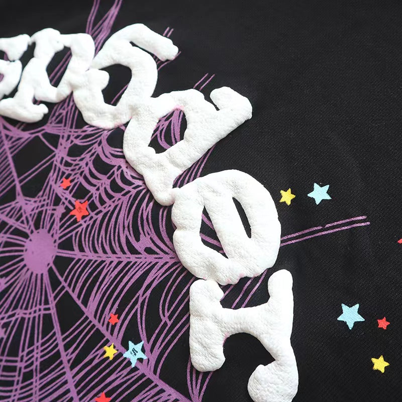 Sp5der Pink Spider‑Web Colorful Splatter Black Pullover Hoodie
