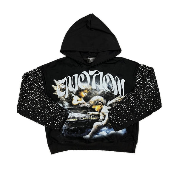 MIXED EMOTION Angel Graphic Speckled‑Sleeve Pullover Hoodie