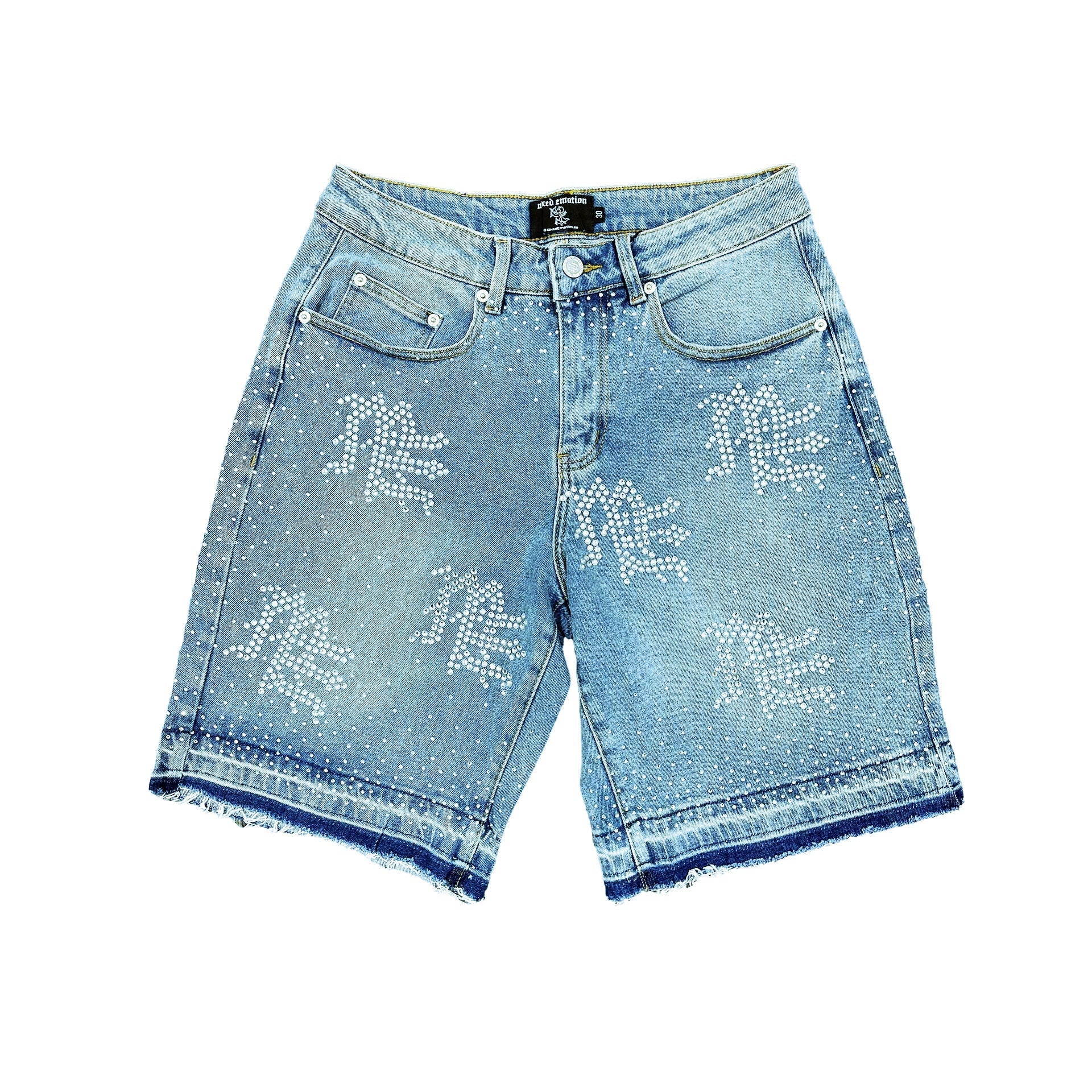 MIXED EMOTION Rhinestone Graphic Light‑Wash Denim Streetwear Shorts