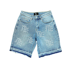 MIXED EMOTION Rhinestone Graphic Light‑Wash Denim Streetwear Shorts