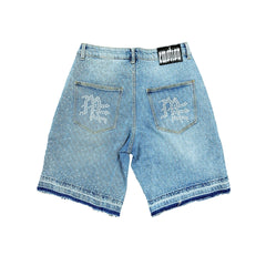 MIXED EMOTION Rhinestone Graphic Light‑Wash Denim Streetwear Shorts