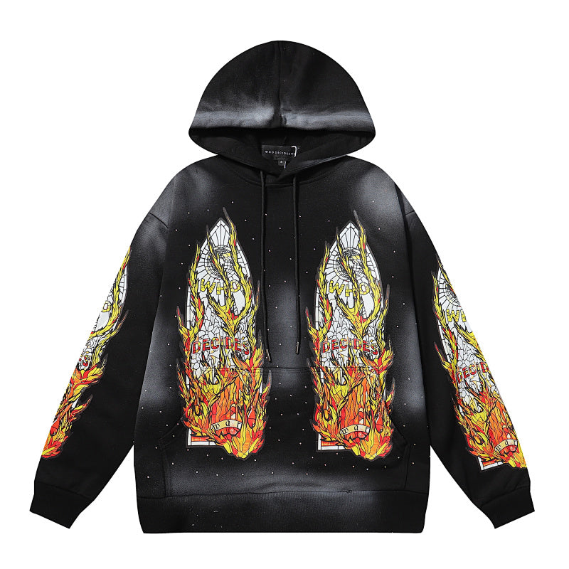 Black Fire‑Sleeve Graphic Oversized Hoodie