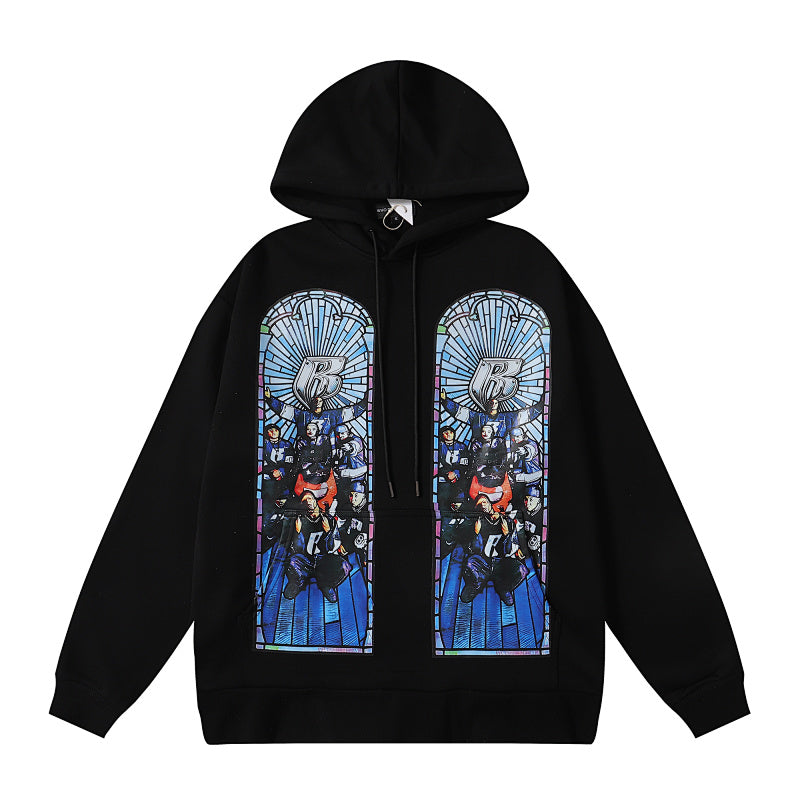 Black Letter‑Graphic Printed Oversized Pullover Hoodie