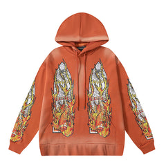 Orange Washed‑Style Flame Sleeve Graphic Oversized Hoodie