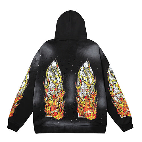 Black Fire‑Sleeve Graphic Oversized Hoodie