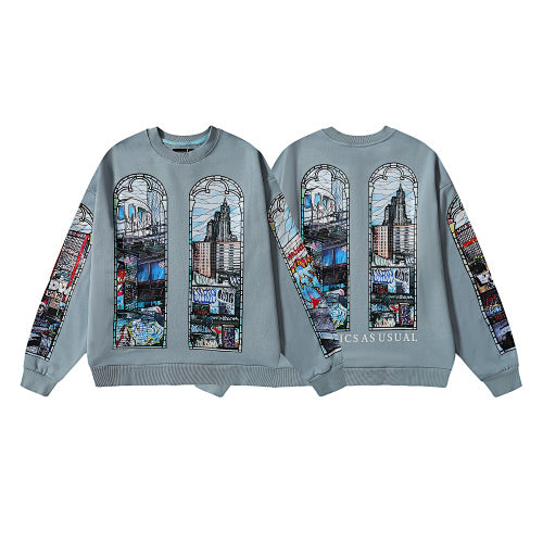 Blue Urban Print Loose‑Fit Sweatshirt