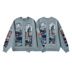 Blue Urban Print Loose‑Fit Sweatshirt