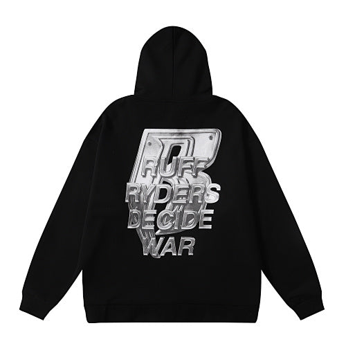 Black Letter‑Graphic Printed Oversized Pullover Hoodie