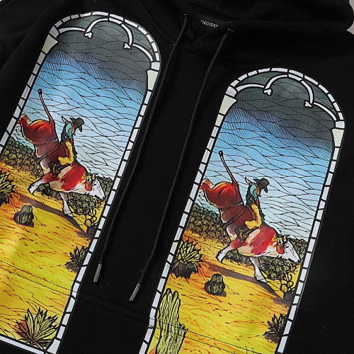 Black Scenery‑Print Long‑Sleeve Oversized Pullover Hoodie