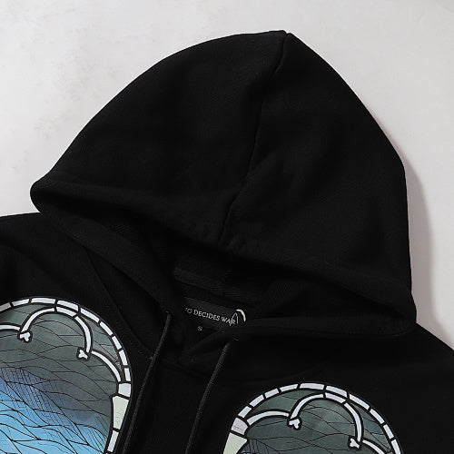 Black Scenery‑Print Long‑Sleeve Oversized Pullover Hoodie