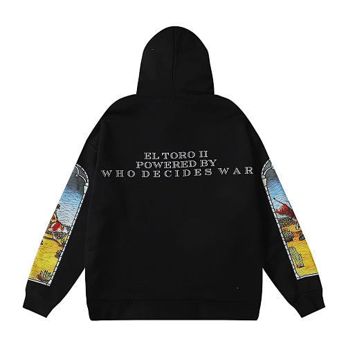 Black Scenery‑Print Long‑Sleeve Oversized Pullover Hoodie