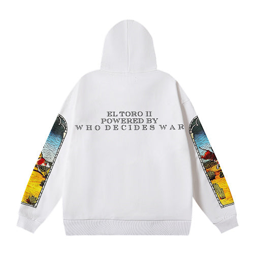 White Vintage‑Art Sleeve Graphic Oversized Pullover Hoodie