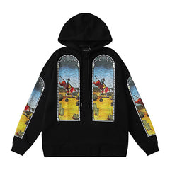 Black Scenery‑Print Long‑Sleeve Oversized Pullover Hoodie