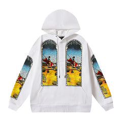 White Vintage‑Art Sleeve Graphic Oversized Pullover Hoodie