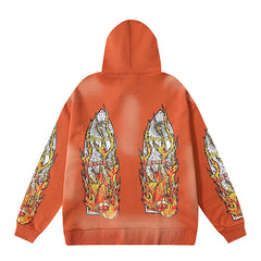 Orange Washed‑Style Flame Sleeve Graphic Oversized Hoodie