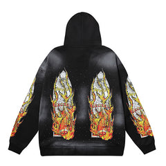 Black Fire‑Sleeve Graphic Oversized Hoodie